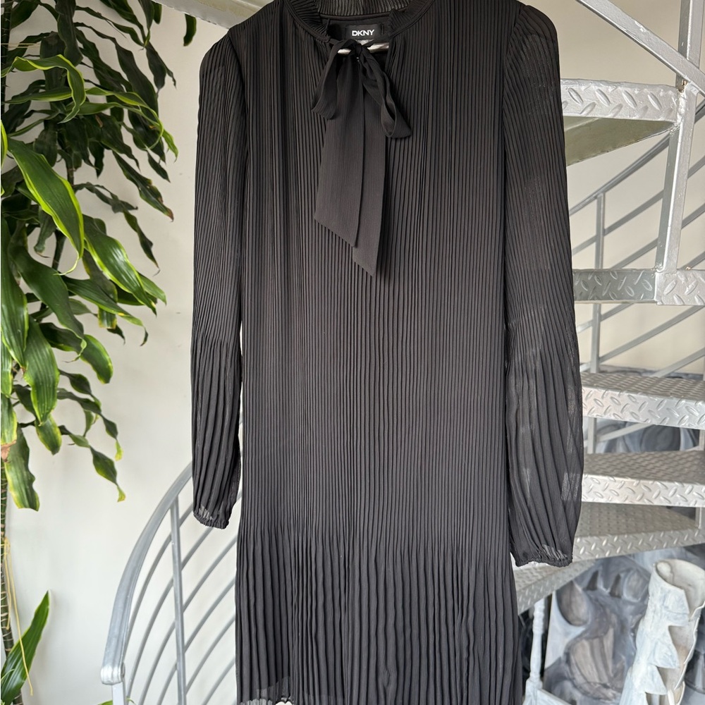 DKNY Black Pleated Sheath Dress with Bishop Sleeves